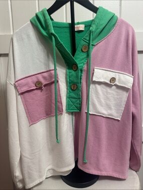 Colorblock Hooded Pullover Sweatshirt - Pink, White & Green